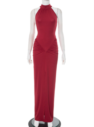 A tight-fitting, low-cut, pleated, slit dress with a long skirt