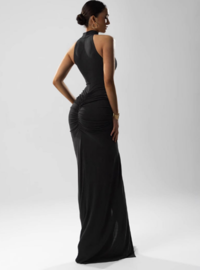 A tight-fitting, low-cut, pleated, slit dress with a long skirt