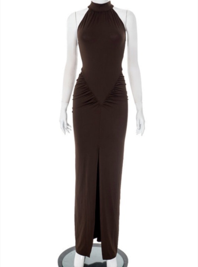 A tight-fitting, low-cut, pleated, slit dress with a long skirt