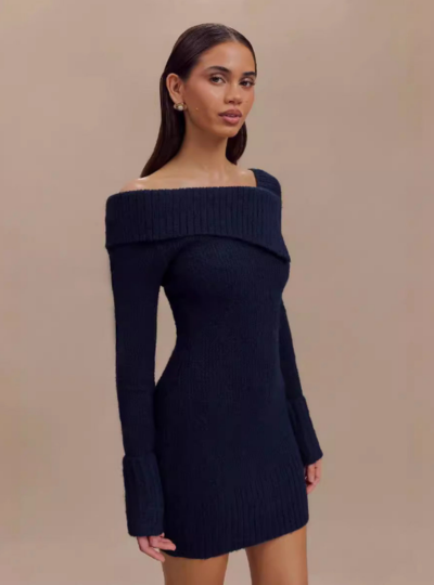 Cozy Knit Dress Ladies' Long-Sleeve Round Neck Fitted Skirt