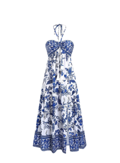 Printed Lace-Up Strapless Dress