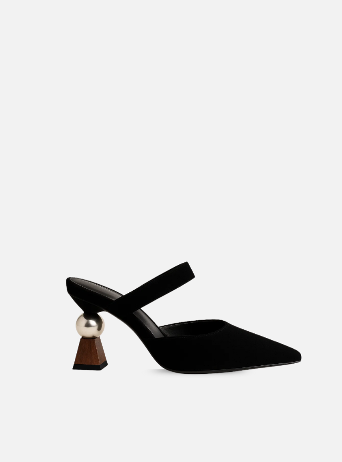 Sapatos femininos exclusivos, mule, salto grosso, abertos, bico fino