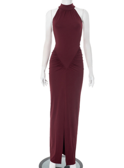 A tight-fitting, low-cut, pleated, slit dress with a long skirt