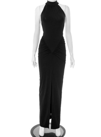 A tight-fitting, low-cut, pleated, slit dress with a long skirt