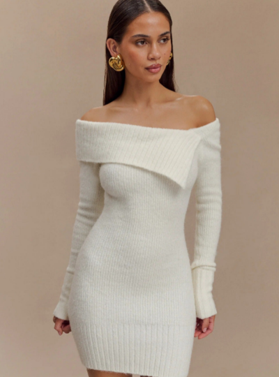 Cozy Knit Dress Ladies' Long-Sleeve Round Neck Fitted Skirt