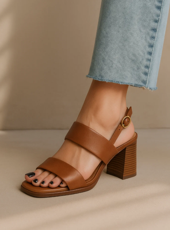 Sandálias de couro texturizado com salto quadrado e tira frontal